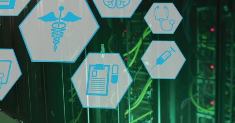 Digital health icons overlapping data server background