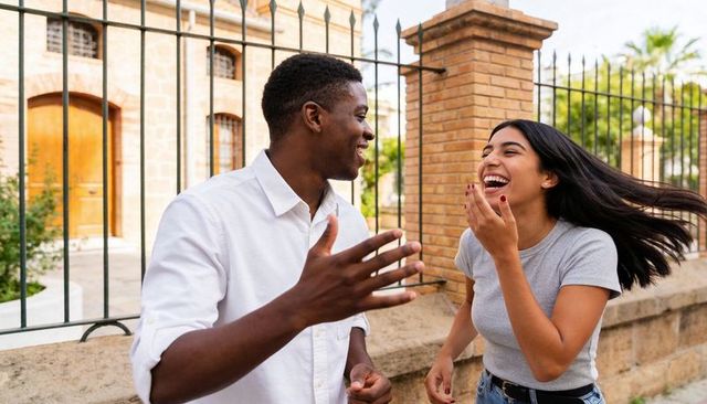Young couple laughing and talking in sunny urban courtyard during casual conversation
