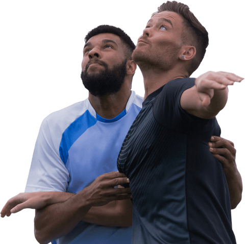 Dynamic footballers jumping for ball on transparent background