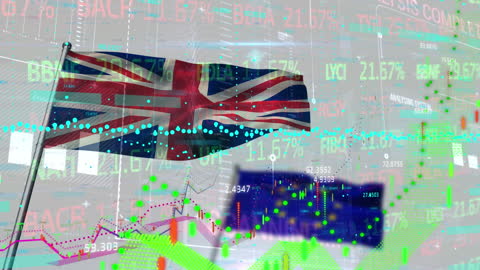 UK and EU Flags with Stock Market Data Overlay