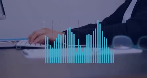 Professional Woman Typing Overlaid with Data Waveform