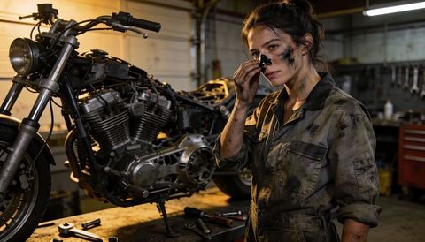 Female mechanic wiping grease from nose while repairing cruiser motorcycle in workshop