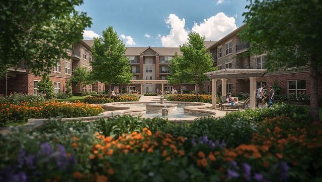 Sunlit apartment courtyard featuring fountain, pergola seating and vibrant flowerbeds