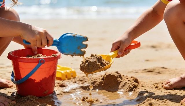 Kids scooping wet sand with colorful bucket and shovels at waterline
