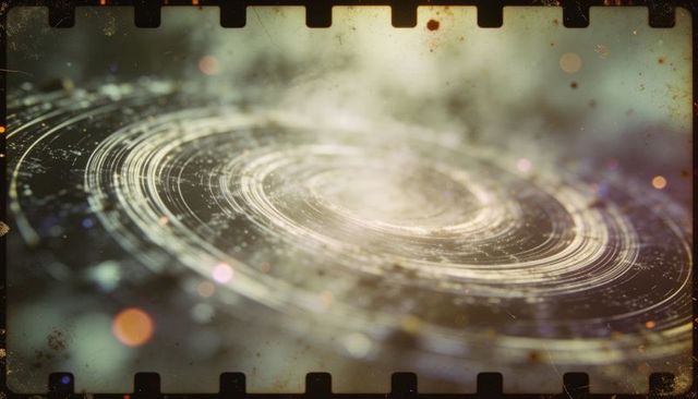 Concentric grooved disc macro, dusty sprocket border, vintage film grain, analog texture