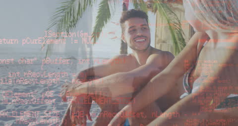 Beach Relaxation with Binary Code Overlay on Sunny Beach Day