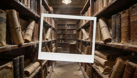 Floating instant frame revealing dust-filled antique library aisle with rolled manuscripts
