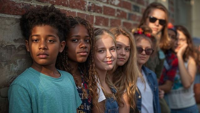 Teen friends posing against brick wall wearing denim jackets and sunglasses, summer youth