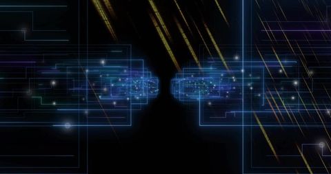 Mirroring Neon Data Clusters Forming Futuristic Network Frames with Golden Light Streaks