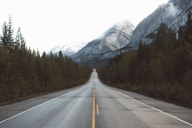 This image captures a long, empty road stretching into the distance towards towering, snow-capped mountains, with dense forest lining both sides. Ideal for themes related to travel, adventure, road trips, nature, and serenity. Perfect for use in blogs, travel agencies, advertising campaigns, and websites promoting outdoor activities and scenic destinations.
