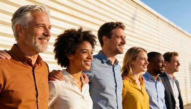 Diverse business team linking arms smiling and standing in sunlit outdoor corporate unity