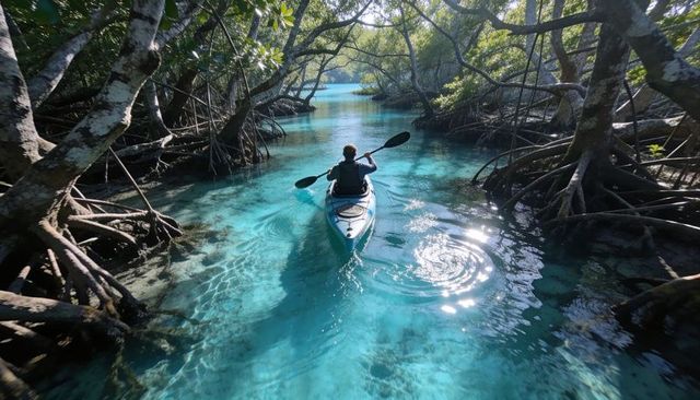 Paddling kayaker through mangrove tunnel over crystal turquoise water tropical lagoon