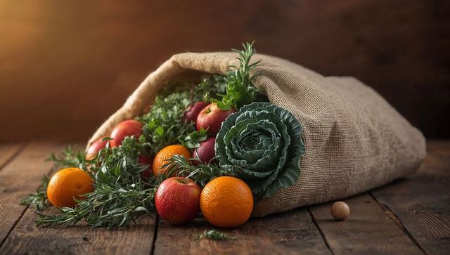 Rustic burlap sack spilling fresh apples, oranges, cabbage and herbs on wooden table
