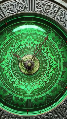 Vertical close-up showing rotating clock hands on ornate green dial conveying time and precision