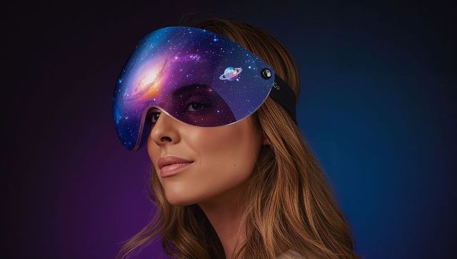 Female wearing galaxy nebula eye mask with planet motif, futuristic sleep wellness concept