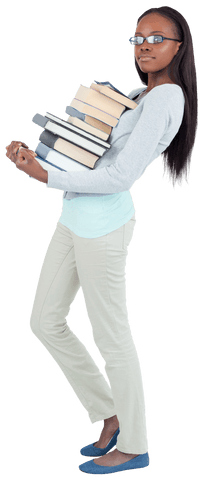 Transparent Young Woman Standing Holding Heavy Books Side View