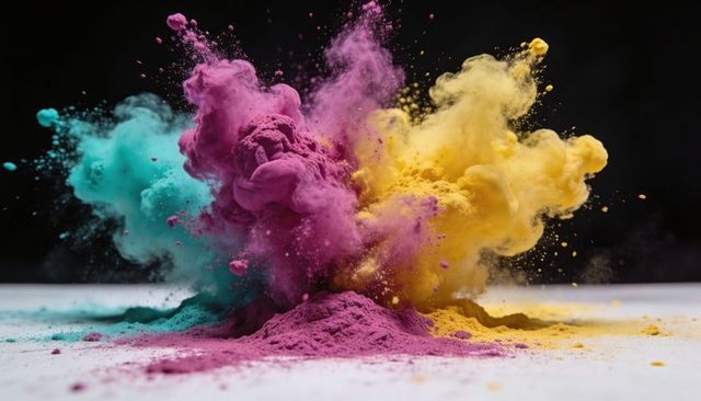 Exploding cyan magenta yellow powder clouds creating vibrant color plumes on dark backdrop