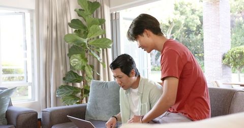 Father and Son Bonding Over Laptop in Sunny Living Room