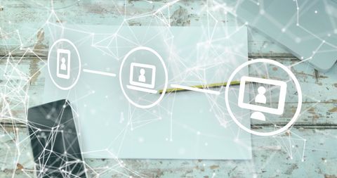 Digital Icons Network Over Wooden Desk with Smartphone and Laptop