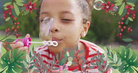 Joyful Girl Blowing Bubbles Amidst Floral Decor - Download Free Stock Images Pikwizard.com