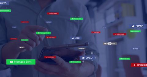 Businessman Interacting with Tablet and Data Icons Overlay