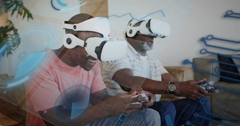 Playing VR Games Together on Living Room Sofa with Headsets and Controllers, Futuristic HUD