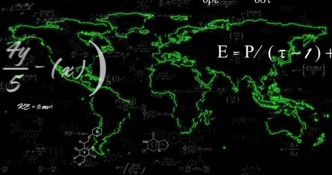 Neon green world map overlaying futuristic equations and molecular schematics for cyber tech