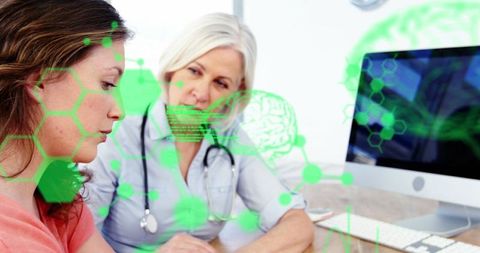 Female doctor consults patient with futuristic medical interface