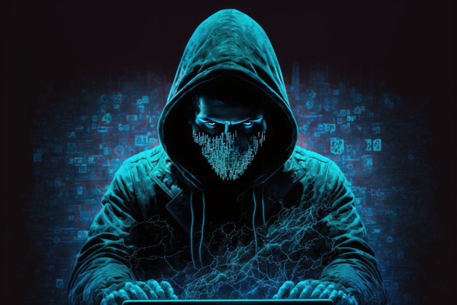 Hacker in dark hoodie typing on keyboard in front of digital background and glowing binary code. Suitable for articles, blogs, and presentations about cyber security, hacking, coding, and internet safety. Ideal for illustrating concepts of data security, cybercrimes, and the importance of online safety measures.