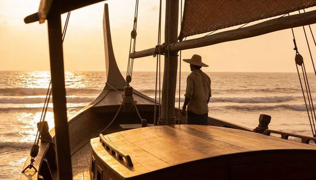 Standing man watching sunset on traditional wooden sailboat at golden hour