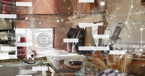 Croissant on wooden table with smartphone and digital data overlay for cafe marketing