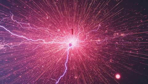 Radiating magenta plasma burst surrounding dark orb with electric lightning arcs