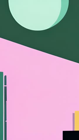 Vertical abstract 3D scene featuring mint disc, pink plane, yellow prism and dark blocks