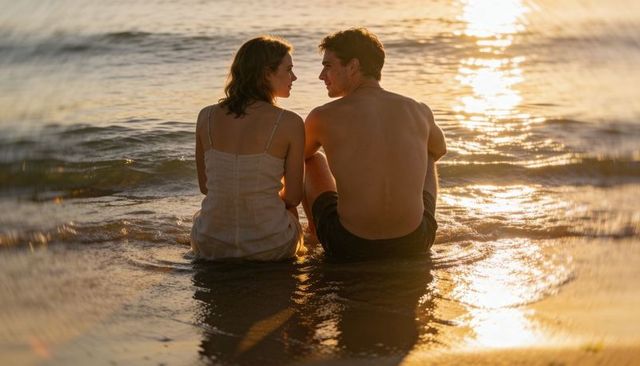 Couple sitting on sandy shore watching sunset at golden hour, romantic beach moment