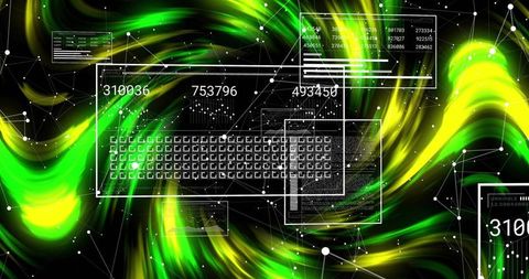 Streaming neon data interface displaying hud panels and keyboard grid over abstract network