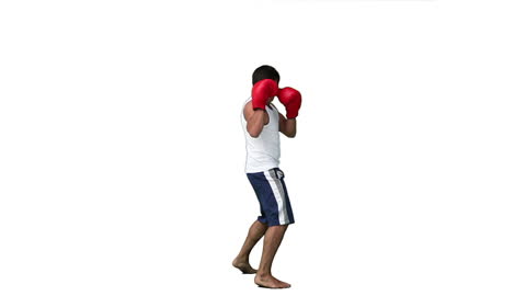 Man Training Kickboxing with Red Gloves Against White Background