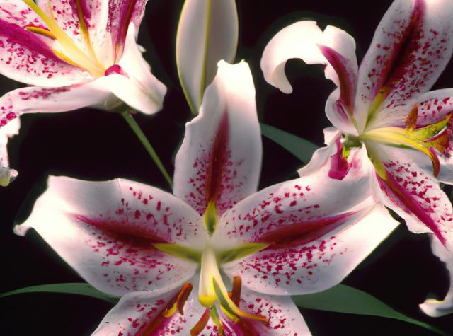 Stargazer lilies showcasing their vibrant pink and white petals in stunning detail against a black background. Perfect for decorating floral websites, gardening tutorials, or adding a touch of natural beauty to any design. Great for nature lovers and floral enthusiasts.