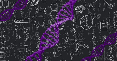 Dna strand amidst complex scientific data on chalkboard