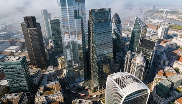 London financial skyline reflecting sunlight on glass skyscrapers with gherkin and modern towers