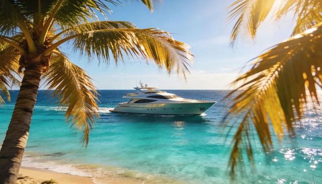 Luxury motor yacht cruising turquoise tropical waters past palm-fringed sunlit shoreline