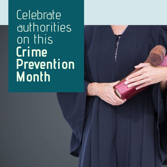 Caucasian female lawyer with gavel and book and celebrate authorities on this crime prevention month. Text, composite, midsection, justice, legal system, protection, support, awareness, alertness.