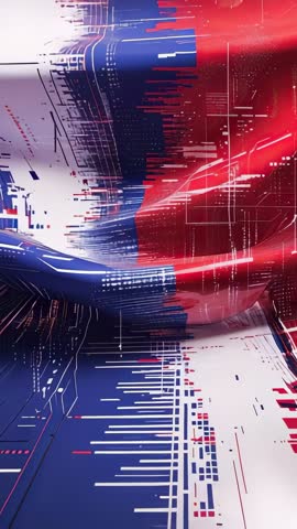 Vertical motion graphic bending red white blue bars into glitch wave, futuristic animation
