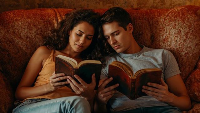Couple reading together on rust sofa in cozy lamplight holding hardcover books