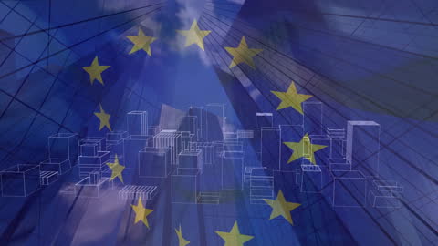 European Union Flag Overlaying Digital Metaverse Cityscape