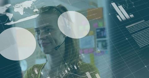 Businesswoman Analyzing Data on Digital Display with Headset