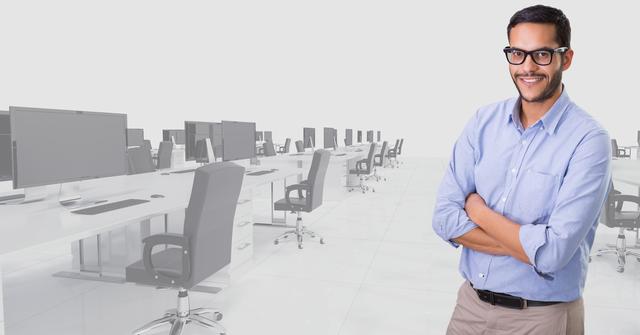Digital composition of man standing with his arms crossed against office background