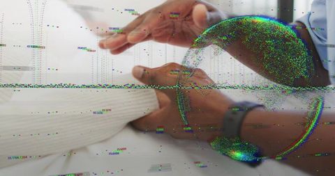 Holding hands comforting senior woman with holographic globe for digital healthcare