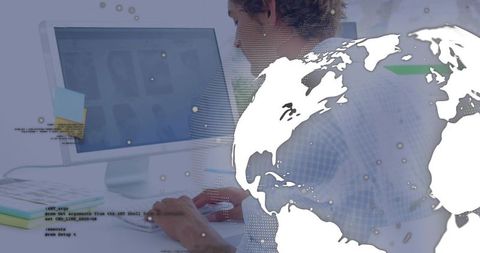 Curly-haired programmer working at modern digital workspace