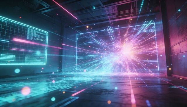 Neon energy burst projecting through holographic frame in high-tech industrial chamber