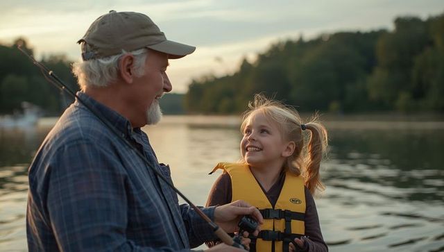 Grandfather and Granddaughter Fishing on Tranquil Lake at Sunset